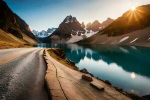 a estrada para a lago. gerado por IA foto