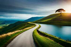 a estrada para a pôr do sol. gerado por IA foto