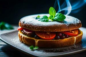 uma sanduíche com tomates e queijo em uma placa. gerado por IA foto