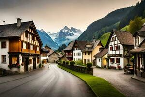 foto papel de parede a céu, montanhas, estrada, casas, montanhas, a Alpes, Áustria. gerado por IA