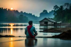 uma homem sentado em a costa do uma rio às pôr do sol. gerado por IA foto