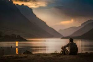 uma homem sentado em a costa do uma lago às pôr do sol. gerado por IA foto