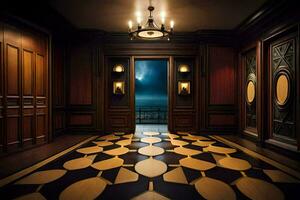 a corredor tem uma Preto e branco xadrez chão. gerado por IA foto