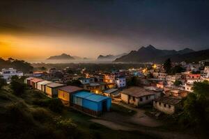 uma Vila às pôr do sol com montanhas dentro a fundo. gerado por IA foto