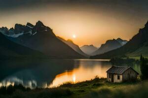 a Sol sobe sobre uma lago e uma cabine dentro a montanhas. gerado por IA foto