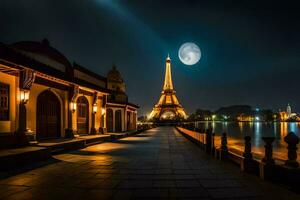 a eiffel torre e a rio às noite. gerado por IA foto