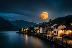 foto papel de parede a lua, lago, casas, lua, a noite, luar, a lua. gerado por IA