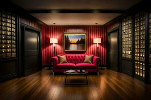 uma vermelho sofá senta dentro uma quarto com uma pintura em a muro. gerado por IA foto