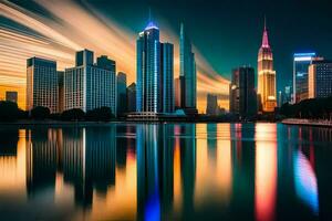 uma cidade Horizonte às noite com luzes refletindo fora a água. gerado por IA foto