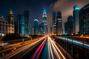 uma cidade às noite com tráfego luzes e edifícios. gerado por IA foto
