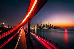 uma grandes exposição fotografia do uma cidade Horizonte às noite. gerado por IA foto