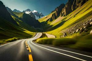 uma estrada dentro a montanhas com montanhas dentro a fundo. gerado por IA foto