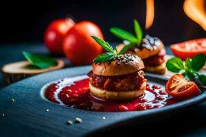 Comida em uma prato com tomates e especiarias. gerado por IA foto