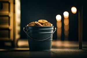 uma balde preenchidas com biscoitos em uma mesa. gerado por IA foto