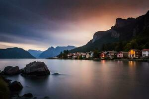 foto papel de parede a céu, montanhas, água, casas, Noruega, a mar, a montanhas. gerado por IA