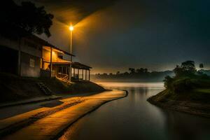 uma casa senta em a Beira do uma rio às noite. gerado por IA foto
