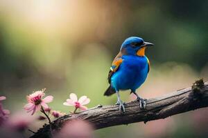 uma azul pássaro senta em uma ramo com Rosa flores gerado por IA foto