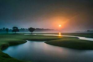 a Sol sobe sobre uma golfe curso e uma rio. gerado por IA foto