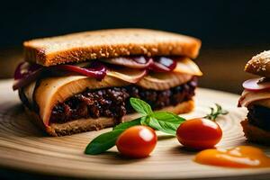 uma sanduíche com carne, cebolas e tomates. gerado por IA foto