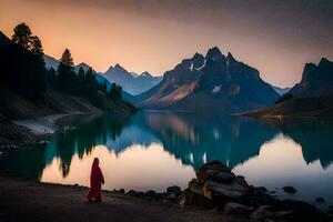 uma mulher dentro vermelho em pé de uma lago com montanhas dentro a fundo. gerado por IA foto