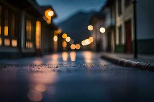 uma rua às noite com luzes em a edifícios. gerado por IA foto