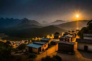 a Sol conjuntos sobre uma montanha Vila às noite. gerado por IA foto