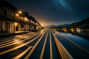 uma grandes exposição foto do uma grandes linha do casas em uma lago. gerado por IA