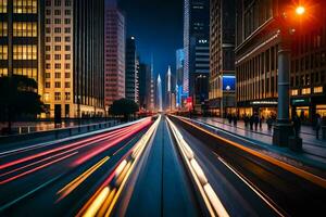 uma cidade rua às noite com carros dirigindo em isto. gerado por IA foto