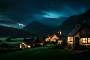 foto papel de parede a céu, montanhas, noite, a Vila, a lua, a Vila, o. gerado por IA