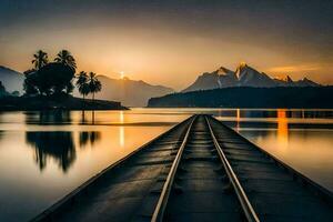 uma trem rastrear conduzindo para a montanhas às pôr do sol. gerado por IA foto