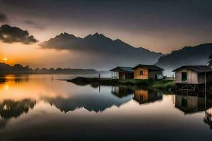 foto papel de parede a céu, montanhas, água, a sol, a montanhas, a lago, o. gerado por IA