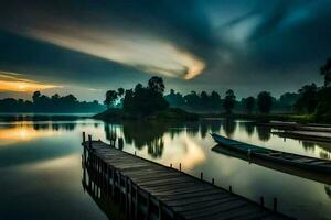 uma barco senta em a doca às pôr do sol. gerado por IA foto