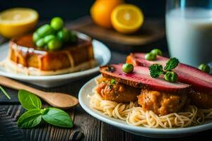 uma prato do Comida com Macarrão e carne em isto. gerado por IA foto