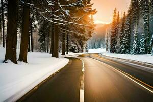 uma Nevado estrada dentro a inverno. gerado por IA foto