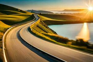 a Sol sobe sobre uma estrada e lago dentro a fundo. gerado por IA foto