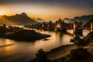 a Sol sobe sobre a ponte dentro Índia. gerado por IA foto