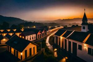 uma Vila às crepúsculo com casas aceso acima. gerado por IA foto