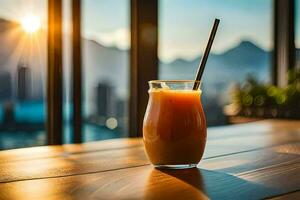 uma vidro do laranja suco em uma mesa com uma Visão do a cidade. gerado por IA foto