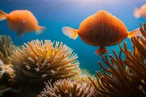 uma grupo do peixe natação dentro a oceano. gerado por IA foto