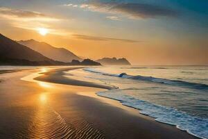 a Sol conjuntos sobre a oceano e montanhas. gerado por IA foto