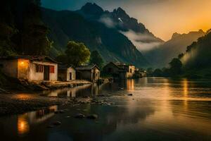 uma rio e casas dentro a montanhas às pôr do sol. gerado por IA foto