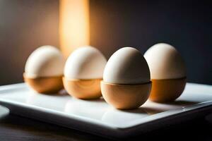 cinco ovos em uma branco prato com uma vela dentro a fundo. gerado por IA foto