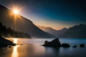 a Sol brilha sobre uma lago e montanhas. gerado por IA foto