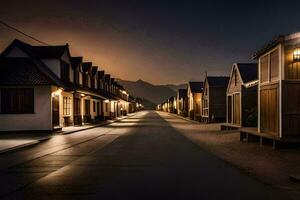 uma rua forrado com de madeira casas às noite. gerado por IA foto