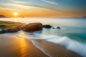 a Sol sobe sobre a oceano e pedras em uma de praia. gerado por IA foto