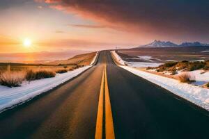 uma grandes estrada com neve em a terra e montanhas dentro a fundo. gerado por IA foto