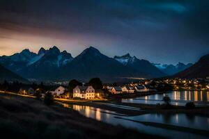 uma Cidade e montanhas às noite. gerado por IA foto