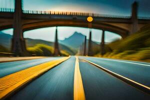 uma embaçado imagem do uma ponte com uma amarelo linha. gerado por IA foto