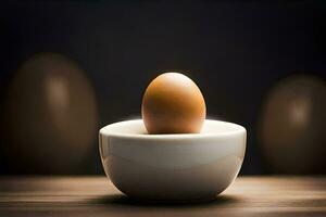 a ovo dentro uma tigela em uma mesa. gerado por IA foto