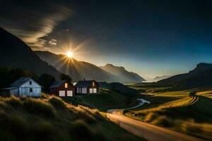 a Sol sobe sobre uma montanha estrada dentro a Alpes. gerado por IA foto